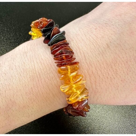 Jewelry - Womens Ombre Mixed Amber Chip Bracelet Cognac Butterscotch Cherry Boho Beaded